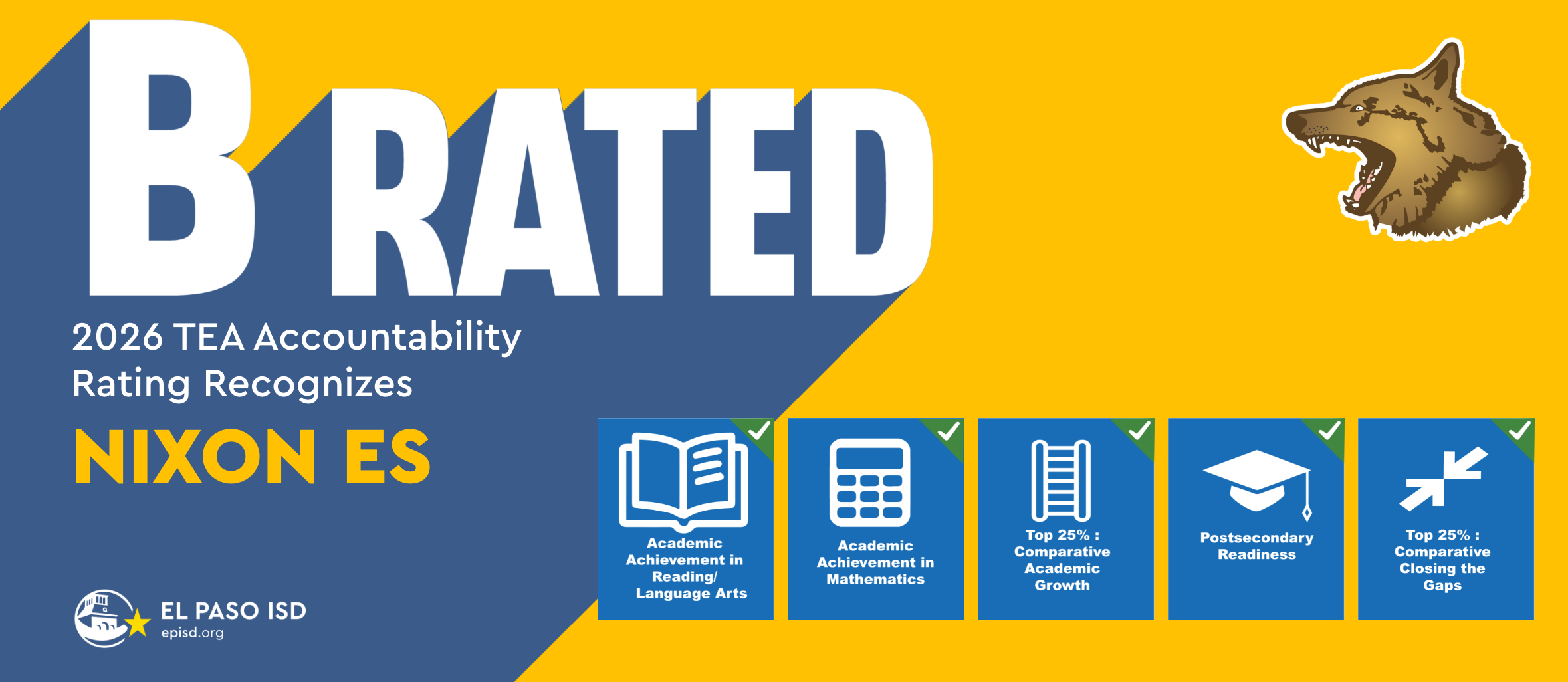 Text "B Rated" above "2026 TEA Accountability Rating Recognizes NIXON ES" with school logo. Icons represent academic achievement, progress, college readiness, and competitive awards.