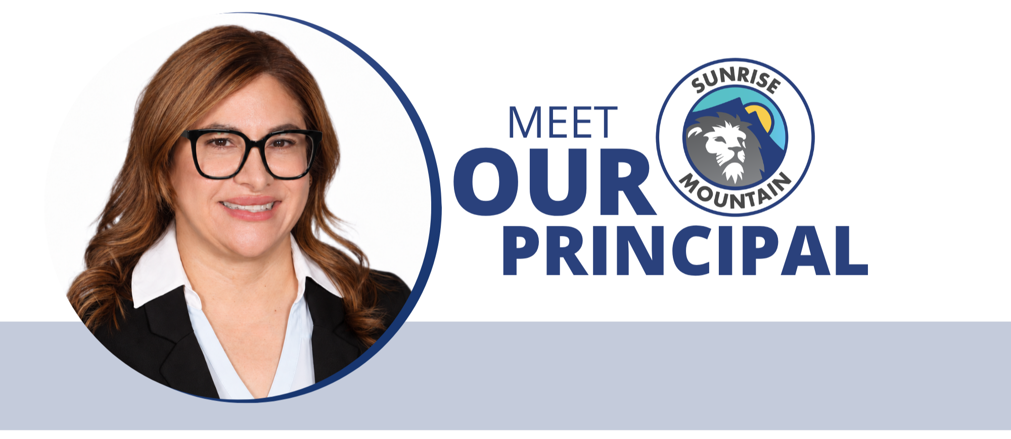 A smiling adult female in glasses stands against a white background. Text reads, "Meet Our Principal".