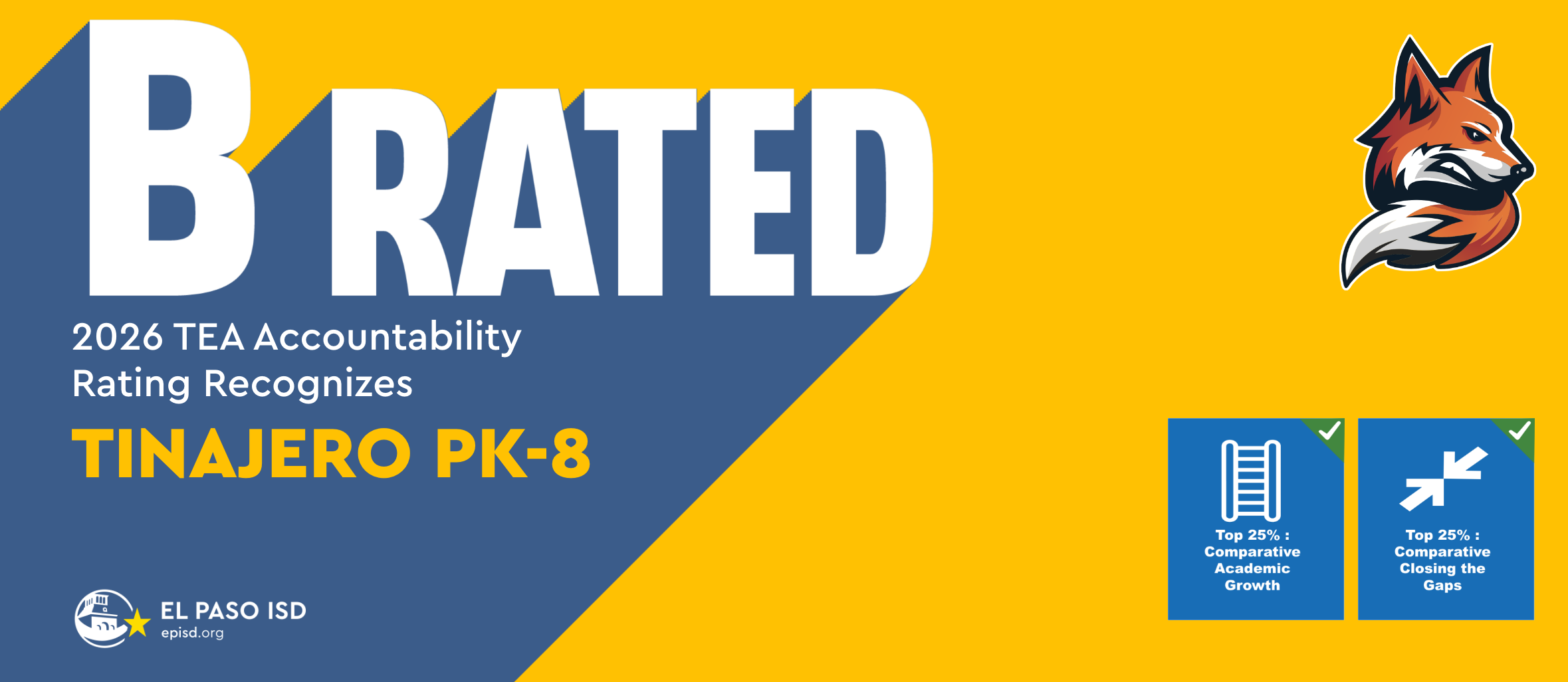 Banner with "B RATED" in white on a yellow and blue background. Logo of a fox.