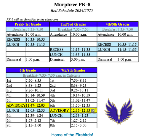 Bell Schedule | Murphree PK-8