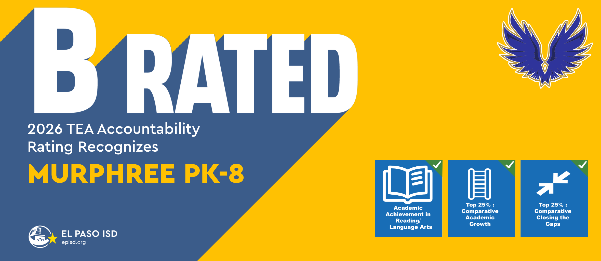 A yellow and blue graphic with "B RATED" and "2026 TEA Accountability Rating Recognizes MURPHREE PK-8" in the upper section.