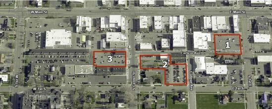 Downtown Redevelopment map shows the location of 3 new buildings projected for updates in downtown Rexburg