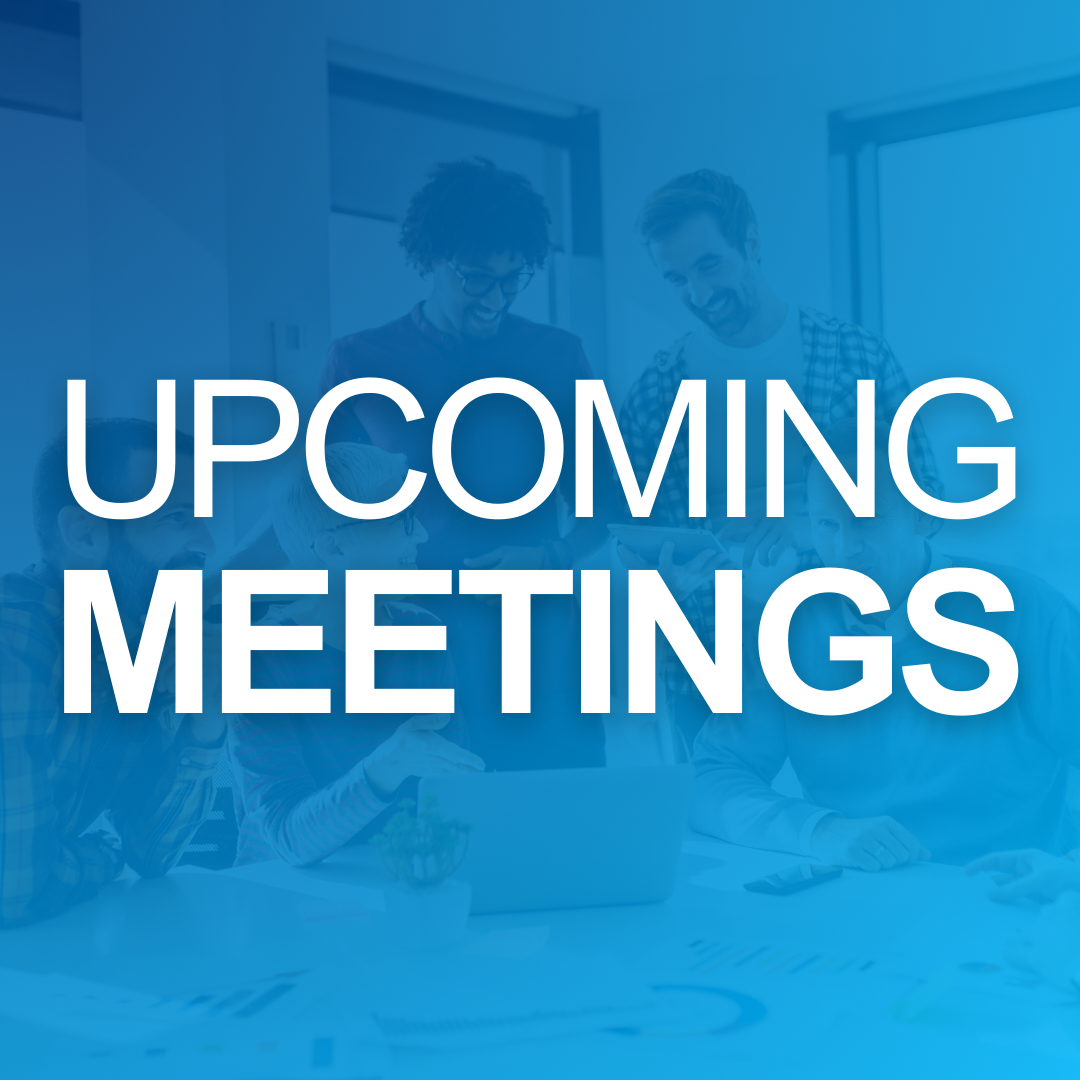 blue square with text "Upcoming Meetings" and transparent image of 5 people communicating
