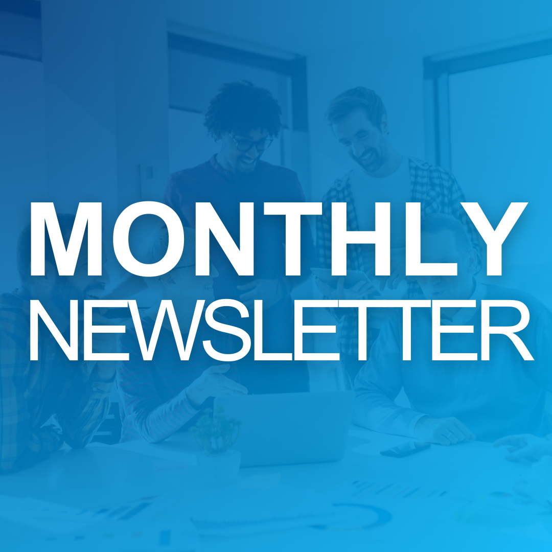 blue square with text "Monthly Newsletter" and transparent image of 5 people communicating