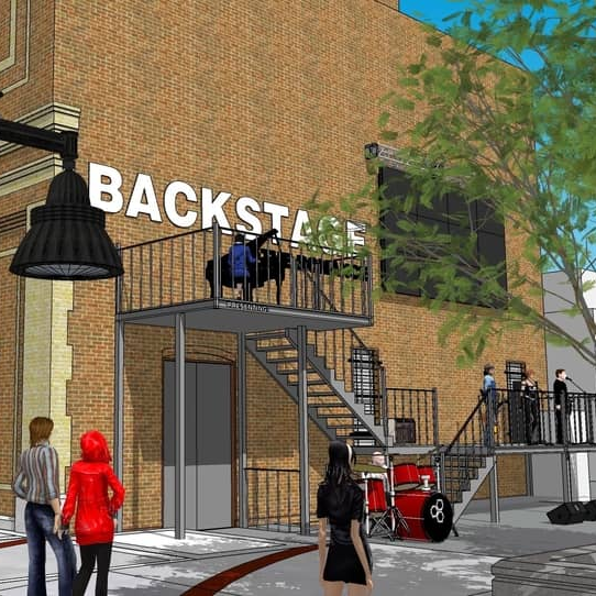 rendering of an outdoor stage proposed for the back-side of the Romance theater