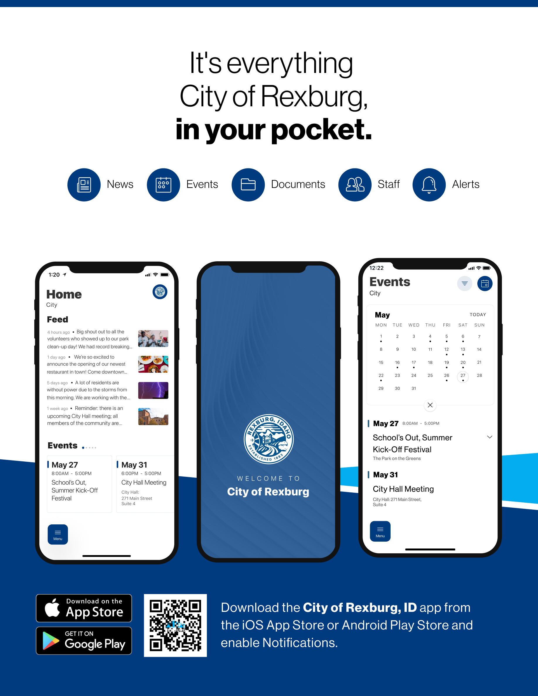 flyer for the new Rexburg App | "It's everything City of Rexburg, in your pocket!"  Download it in your mobile app store and enable notifications today