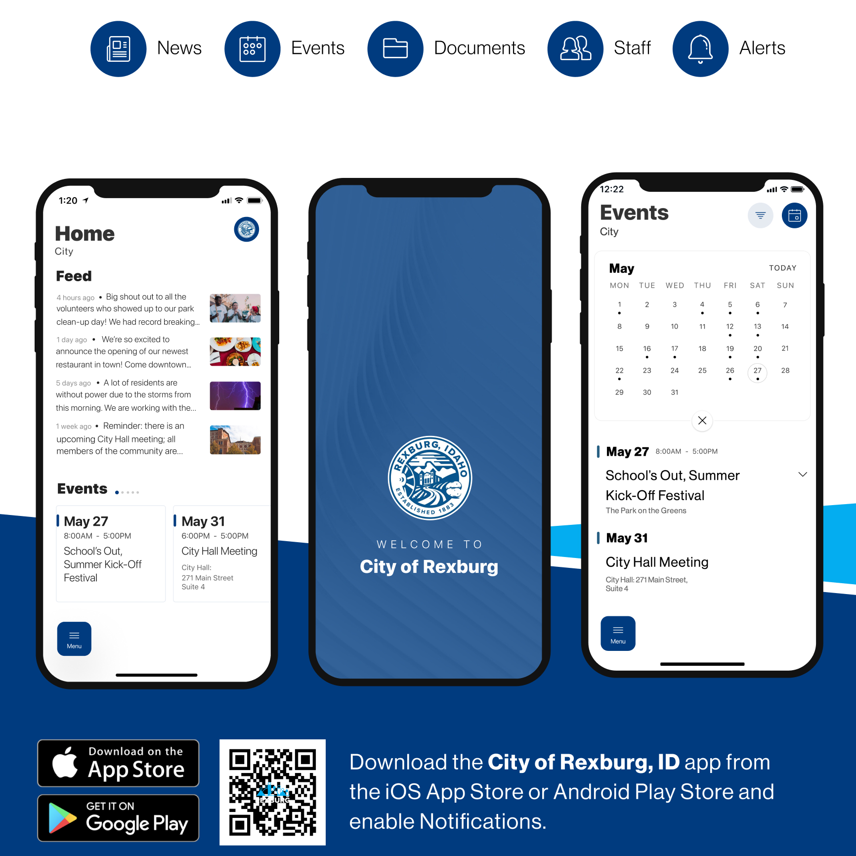 Poster for Rexburg's new app with images of phones displaying difference screens of the app - calendar, seal, and news feed/events