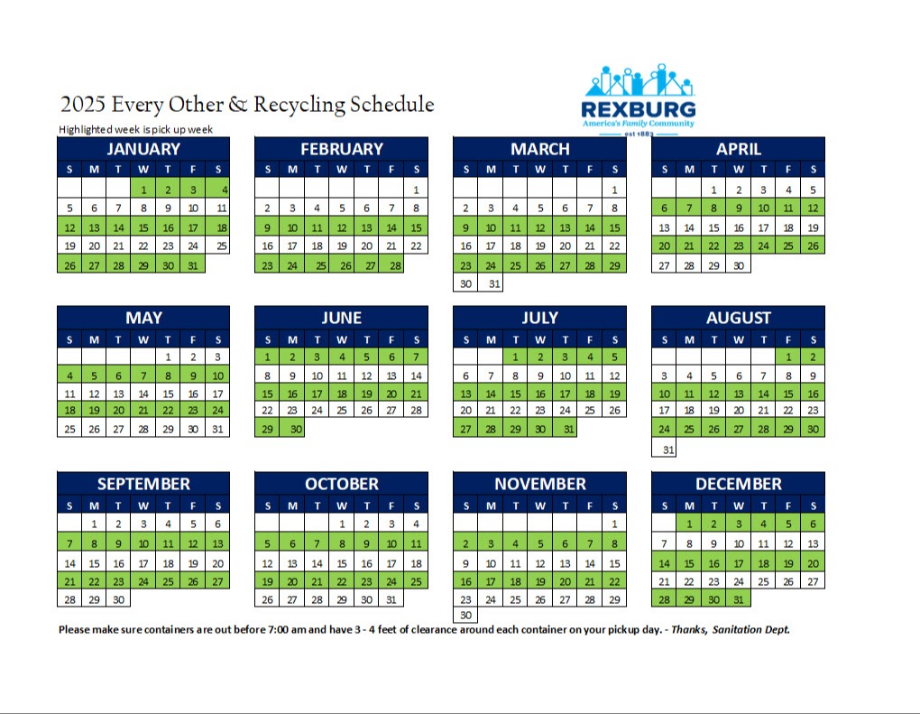 bi-weekly trash pickup calendar schedule