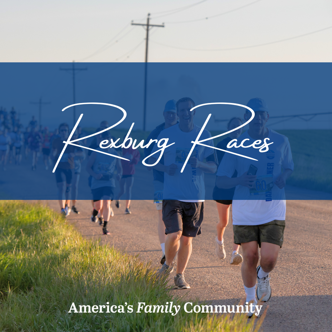 Runners on rural road with text "Rexburg Races"