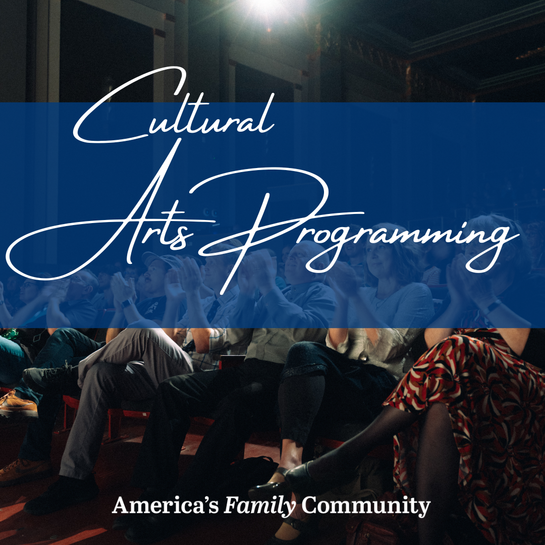 Audience clapping in Romance Theater with text "Cultural Arts Programming"
