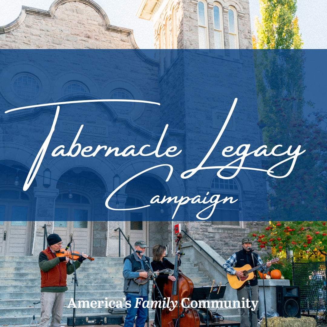 Musicians on the steps of the Tabernacle with text "Tabernacle Legacy Campaign"