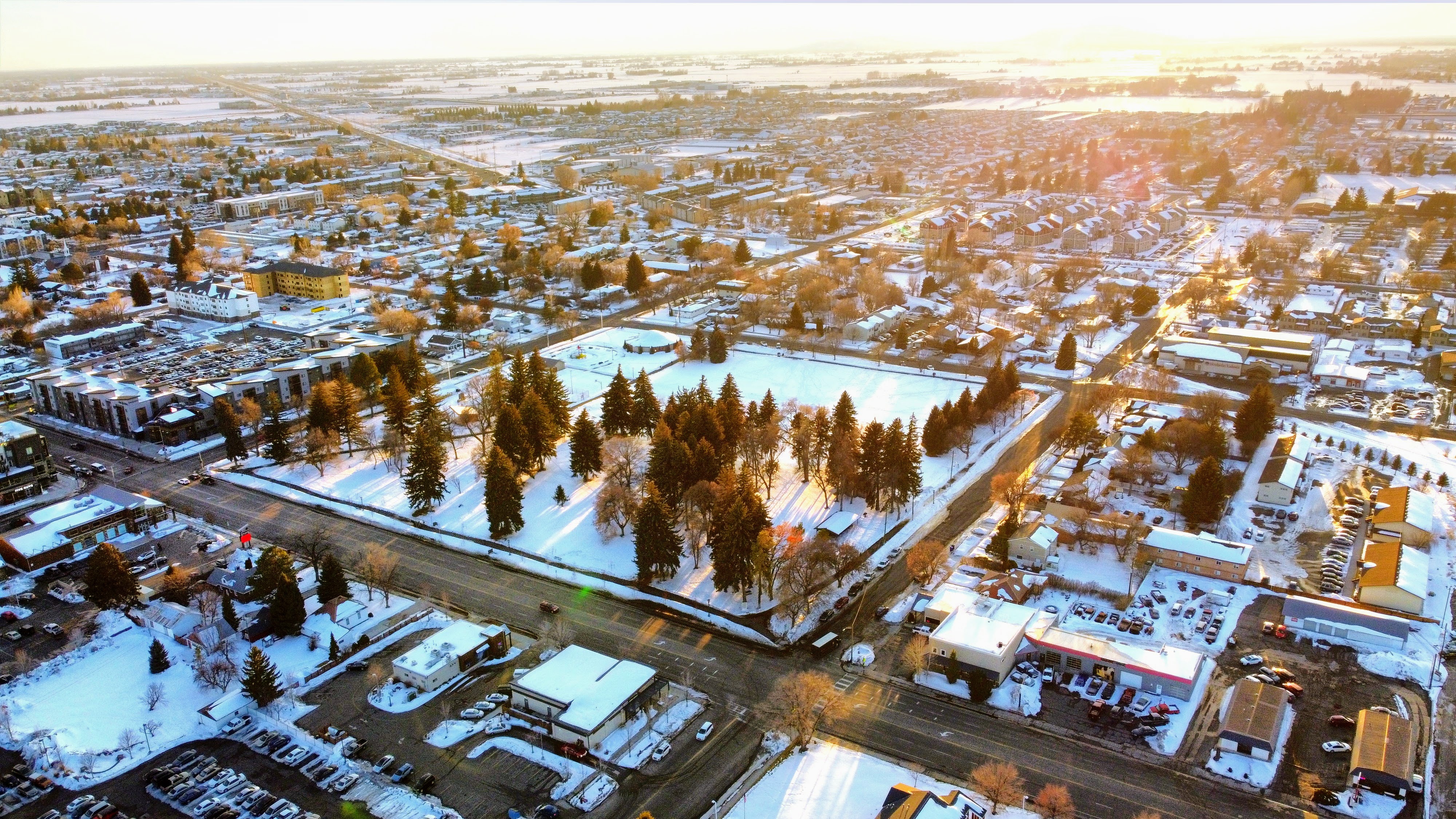 Aerial photo of Rexburg in winter with Porter Park in the center