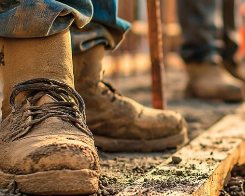 Photo of a person's feet, they're wearing work boots covered with mud on a job site