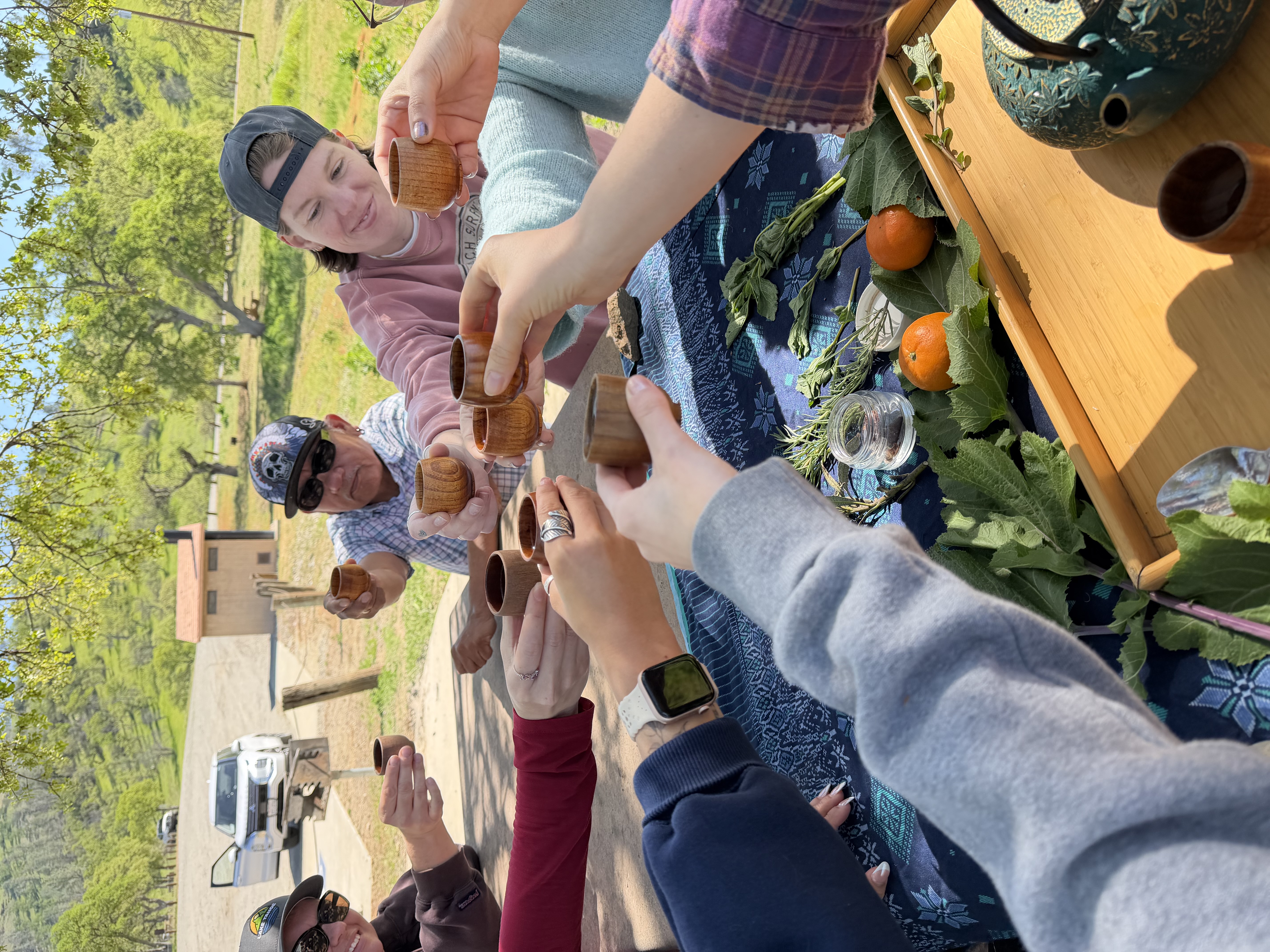 Multiple arms with small tea cups together in center of outdoor table