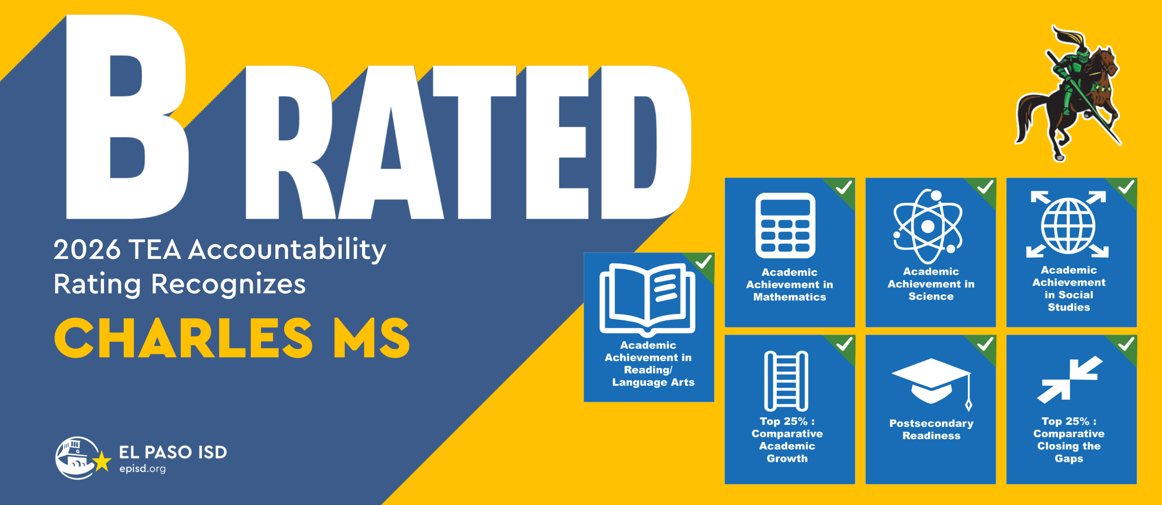 Banner with yellow and blue background displays "B RATED" in large white letters. Icons represent academic subjects, and the text reads "2025 TEA Accountability Rating Recognizes CHARLES MS."