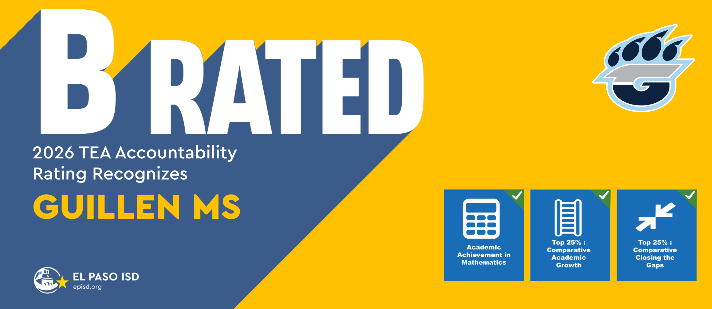 A yellow and blue background displays a "B RATED" graphic with the 2025 TEA Accountability Rating. The logo and name Guillen MS are present.