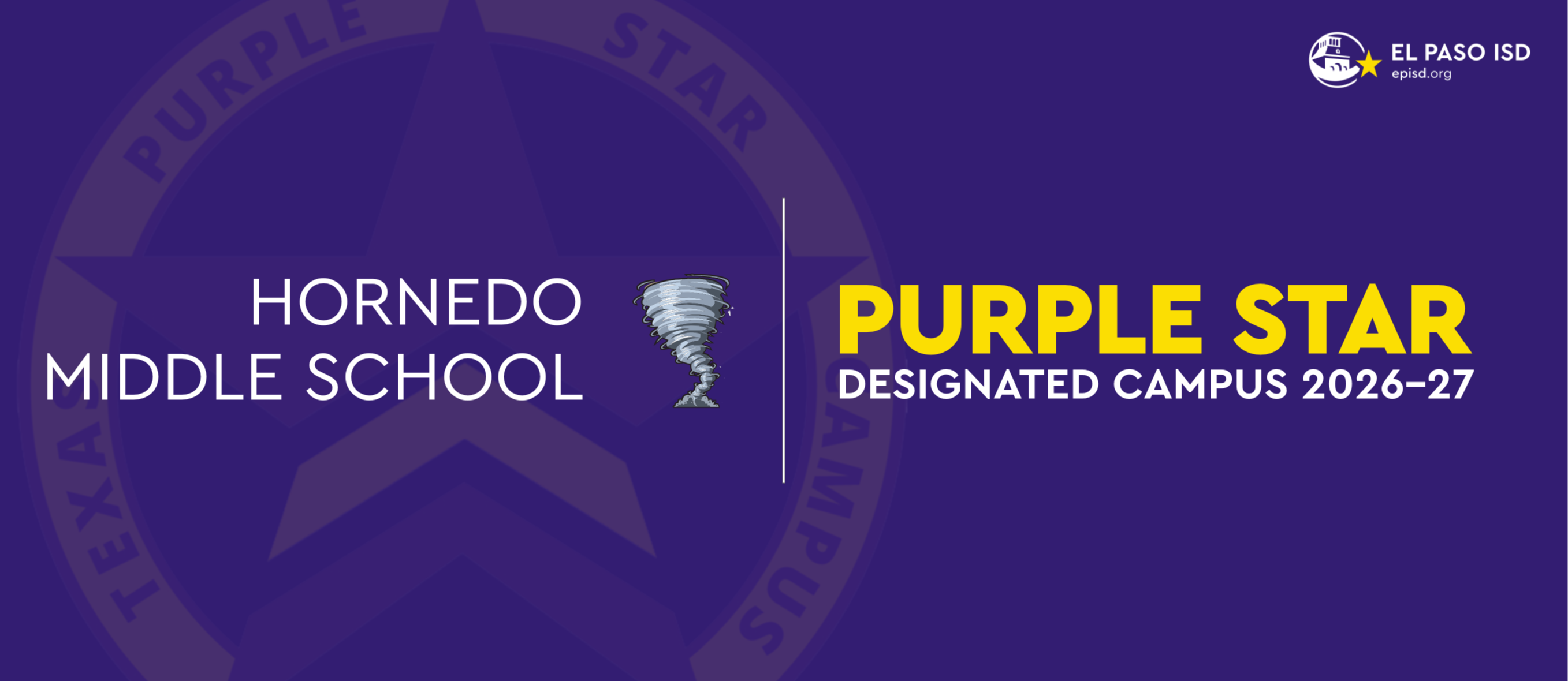 Purple background with "Hornedo Middle School" and "Purple Star Designated Campus 2026-27" text, and a tornado graphic.