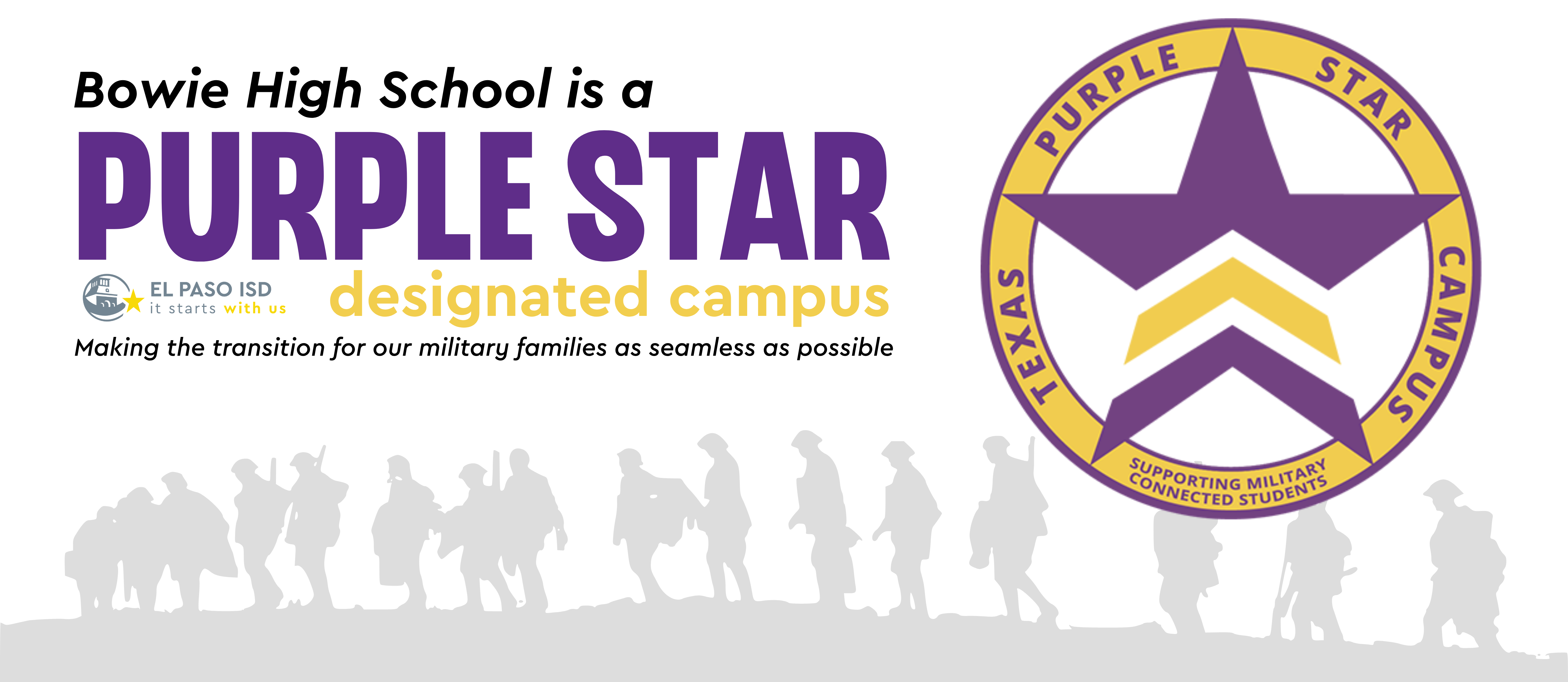 Text says "Bowie High School is a Purple Star Designated Campus" Supporting Military Families. 