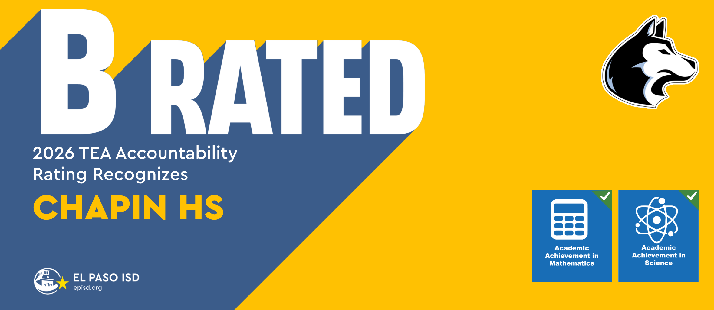 A yellow and blue banner with "B RATED" in bold. Logos include a wolf, a calculator, and a science icon.