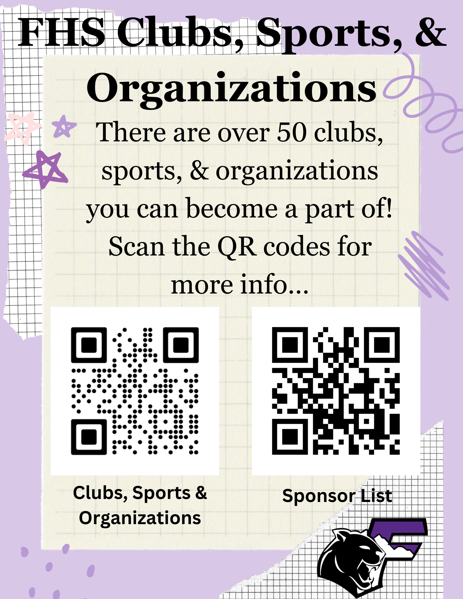 Form with QR codes for Student clubs, sports and organizations and also QR code for Sponsor list. Buttons for links to this information are also provided.