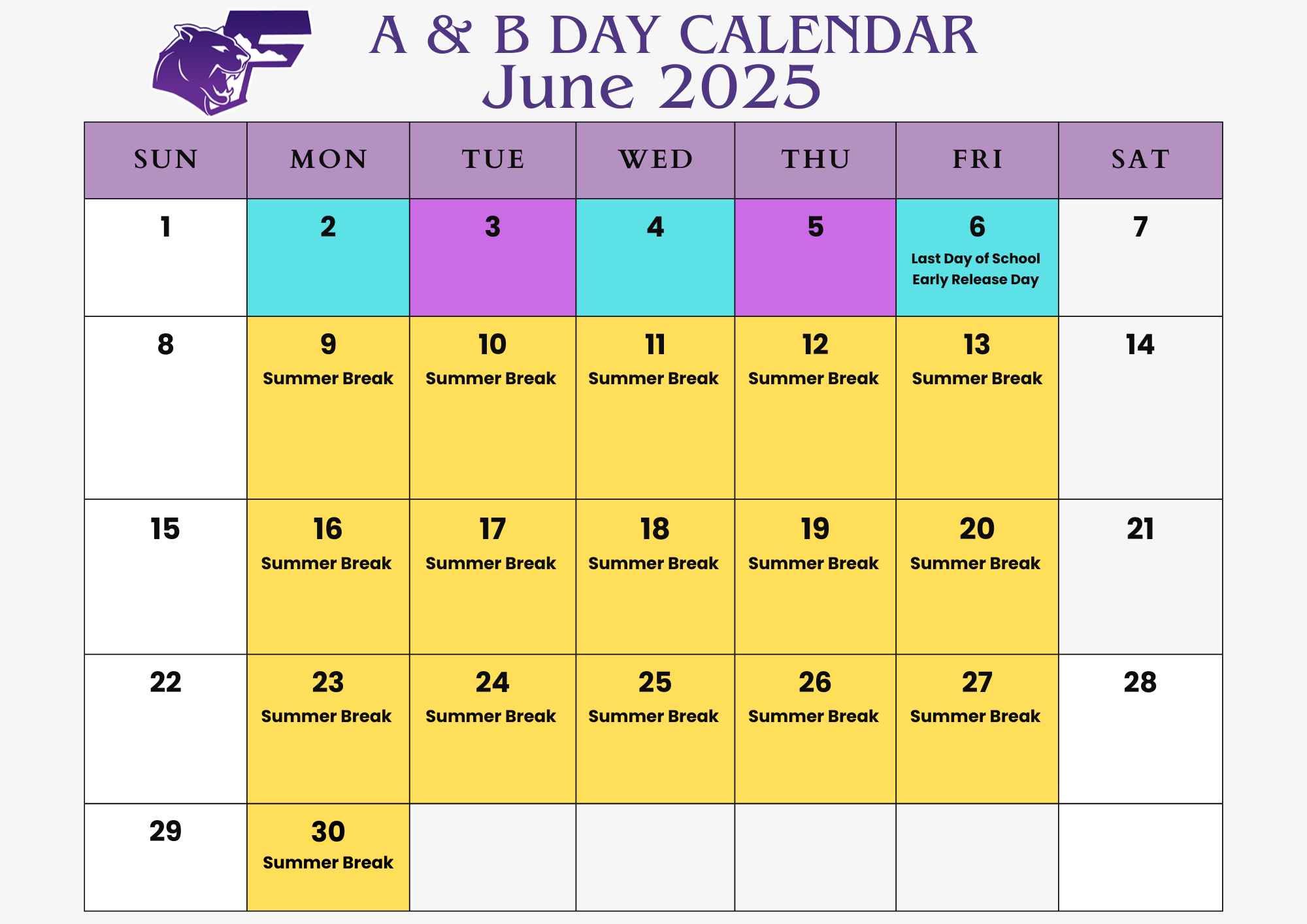 June A & B Day Calendar  - PDF available above to view 
