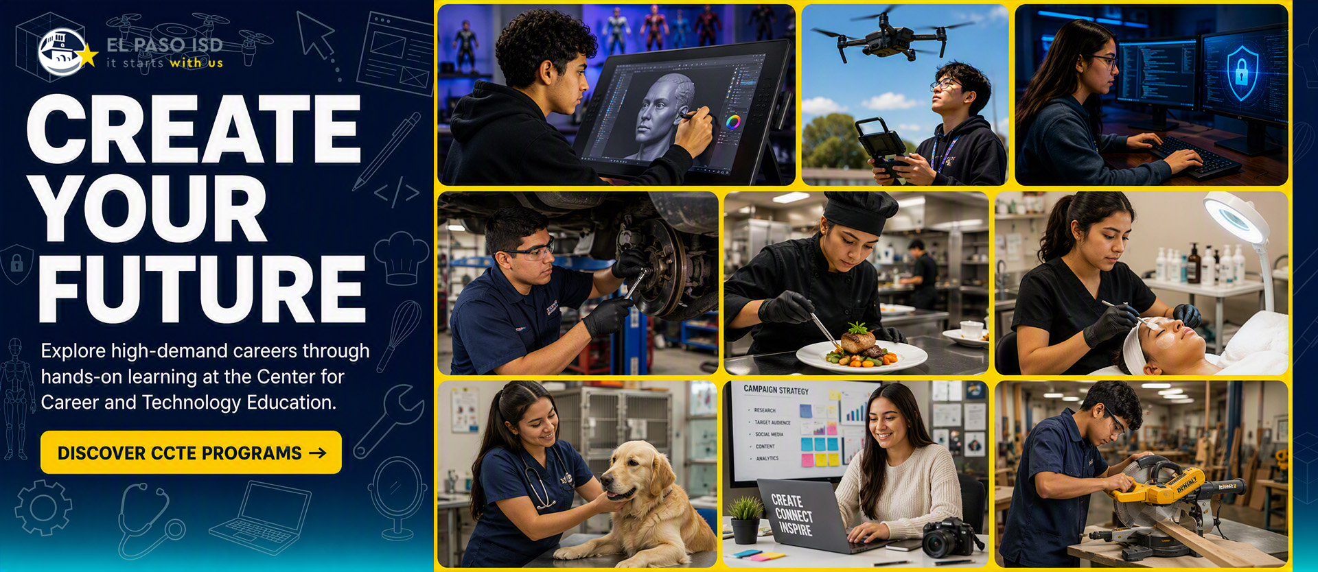 A collage of people in blue shirts and hats working in various settings, with text overlays reading "Create Your Future."