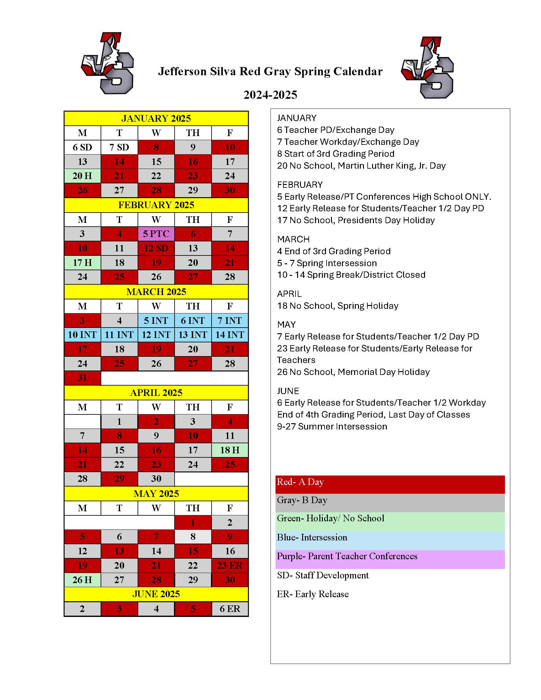 JSHS Spring Red Gray Calendar