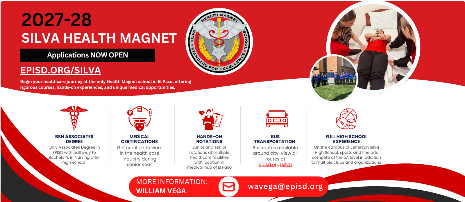 Red and white poster with "2027-28 Silva Health Magnet" at the top. Below this are images of people and icons.