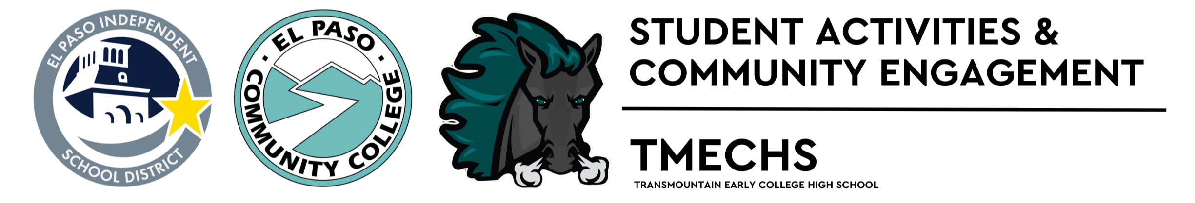 El Paso ISD Logo, EPCC Logo, TMECHS Logo, alongside department header named "Student Activities & Community Engagement"