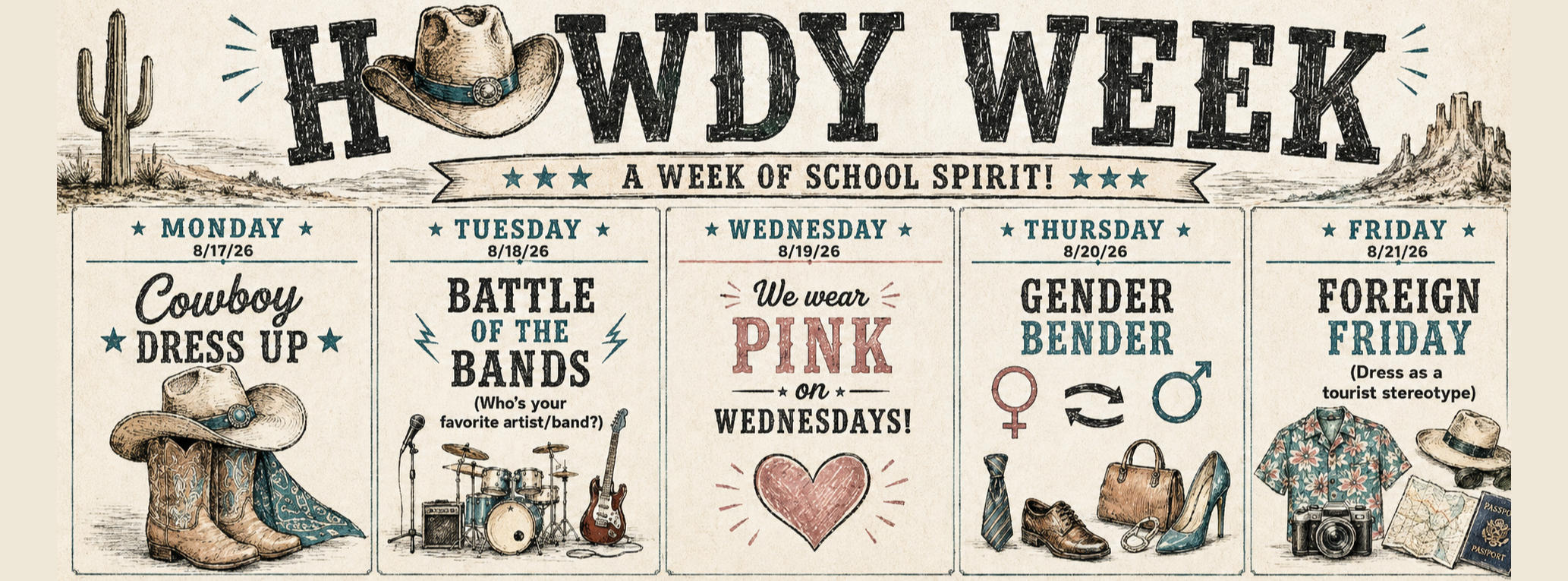 A poster displays "H0WDY WEEK" with five days listed, including Cowboy Dress Up, Battle of the Bands, etc.