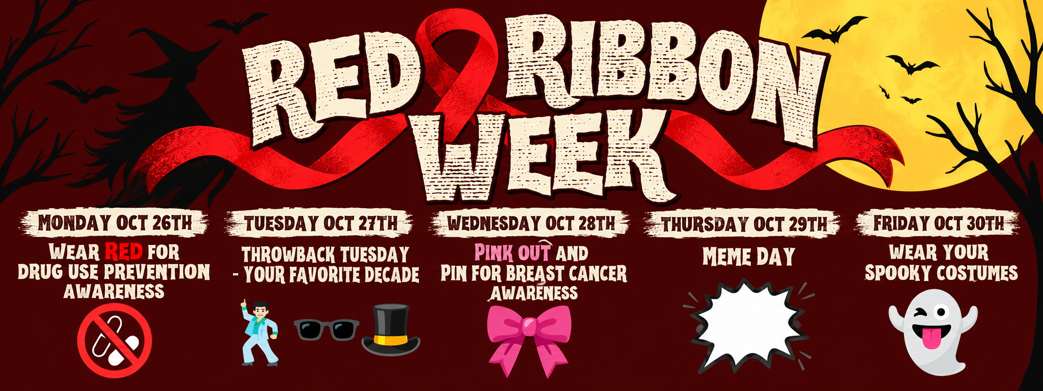 A poster with a red ribbon, bats, moon, and a character wearing a pink bow.