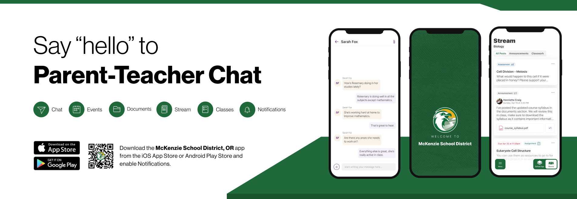 Say hello to Parent-Teacher chat in the new Rooms app. Download the McKenzie School District app in the Google Play or Apple App store.