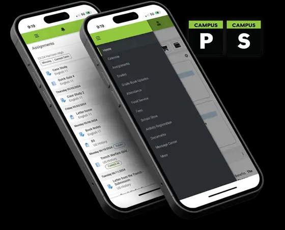 Photo of two mobile phones and Infinite Campus Parent and Student Portal app logos.