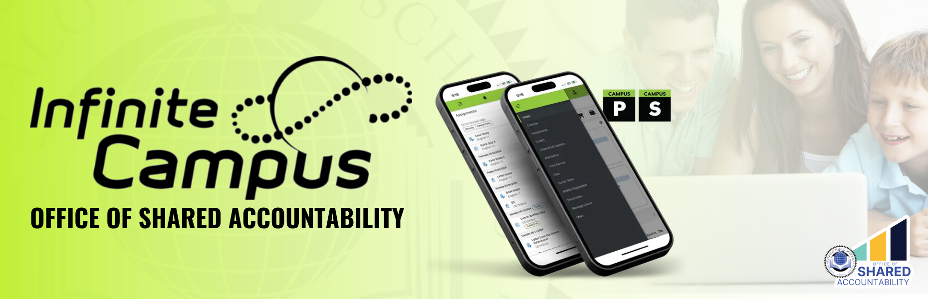 Infinite Campus graphic from the Office of Shared Accountability. The image promotes the Infinite Campus Parent and Student Portal and features mobile app screens, Campus Parent and Campus Student app icons, and Buffalo Public Schools branding.