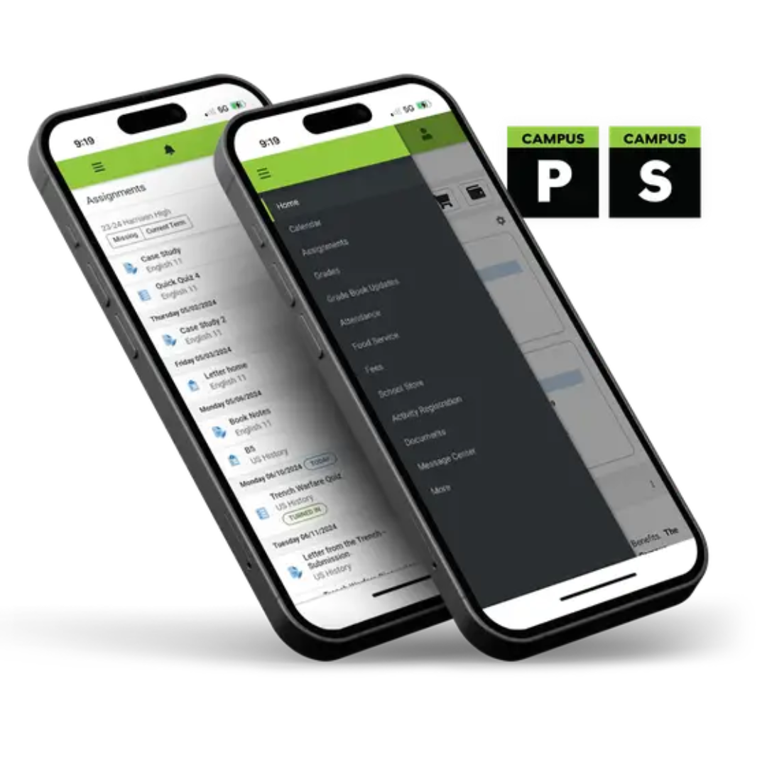 Photo of two mobile phones and Infinite Campus Parent and Student Portal app logos.