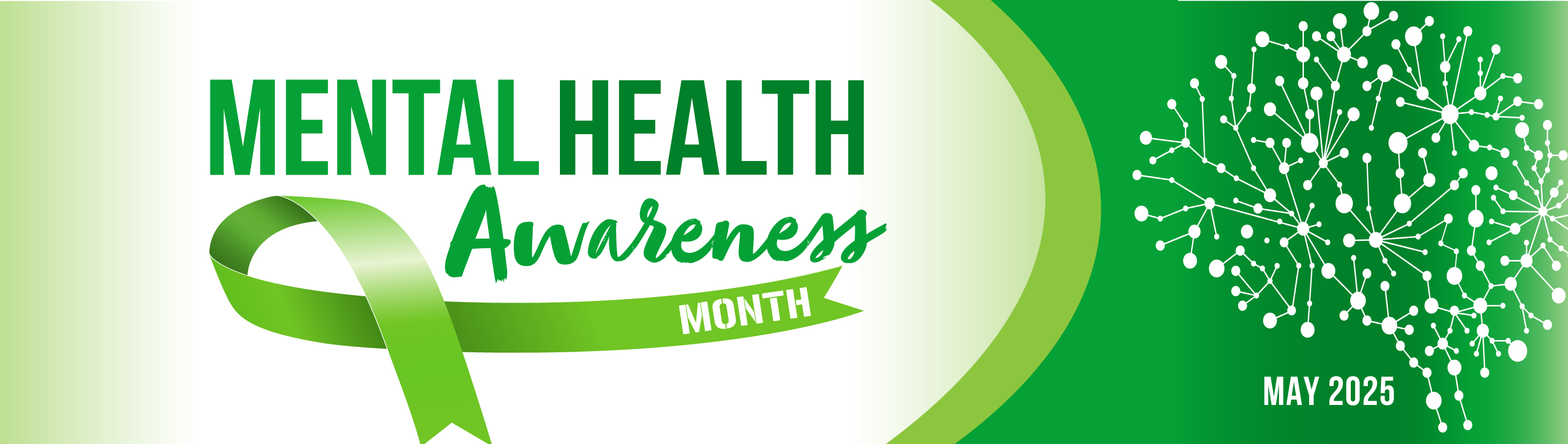 Green and white banner that reads Mental Health Awareness Month 2025