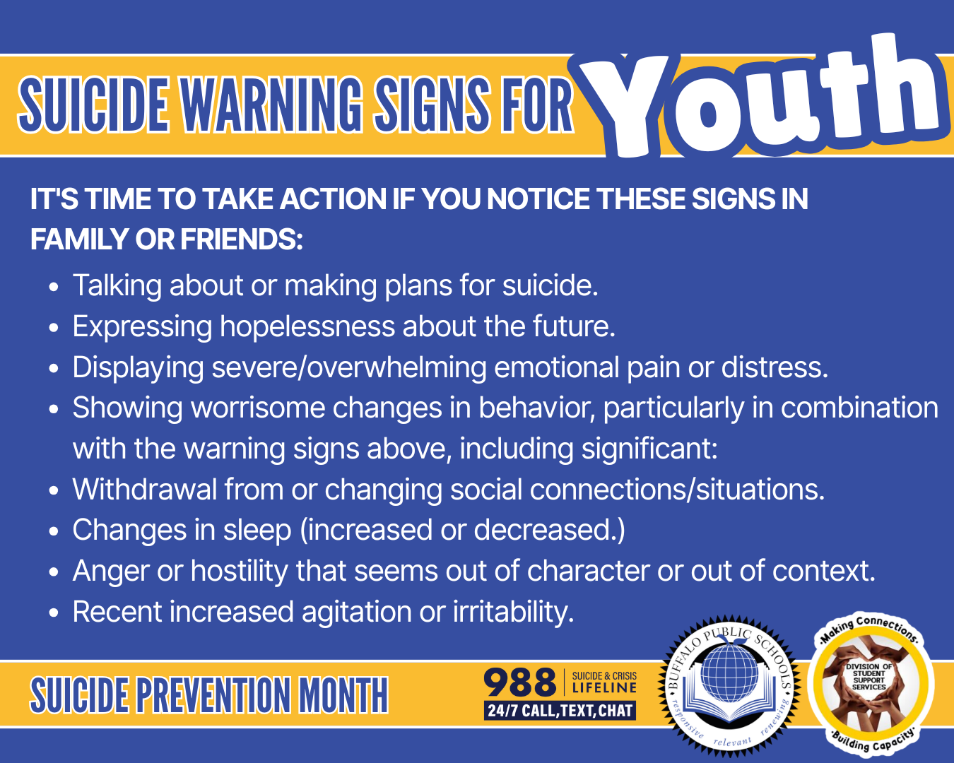 It's time to take action if you notice these signs in family or friends:  Talking about or making plans for suicide.  Expressing hopelessness about the future.  Displaying severe/overwhelming emotional pain or distress.  Showing worrisome changes in behavior, particularly in combination with the warning signs above, including significant:  Withdrawal from or changing social connections/situations.  Changes in sleep (increased or decreased). Anger or hostility that seems out of character or out of context.  Recent increased agitation or irritability.