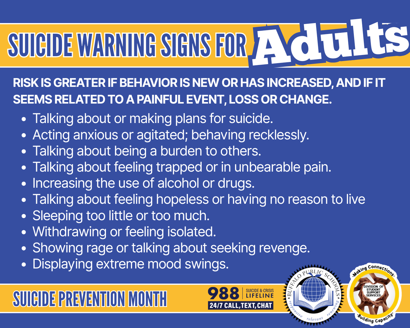 Risk is greater if a behavior is new or has increased, and if it seems related to a painful event, loss, or change.  Talking about or making plans for suicide.  Acting anxious or agitated, behaving recklessly.  Talking about being a burden to others.  Talking about feeling trapped or in unbearable pain.  Increasing the use alcohol or drugs.  Talking about feeling hopeless or having no reason to live.  Sleeping too little or too much.  Withdrawing or feeling isolated.  Showing rage or talking about seeking revenge.  Displaying extreme mood swings.