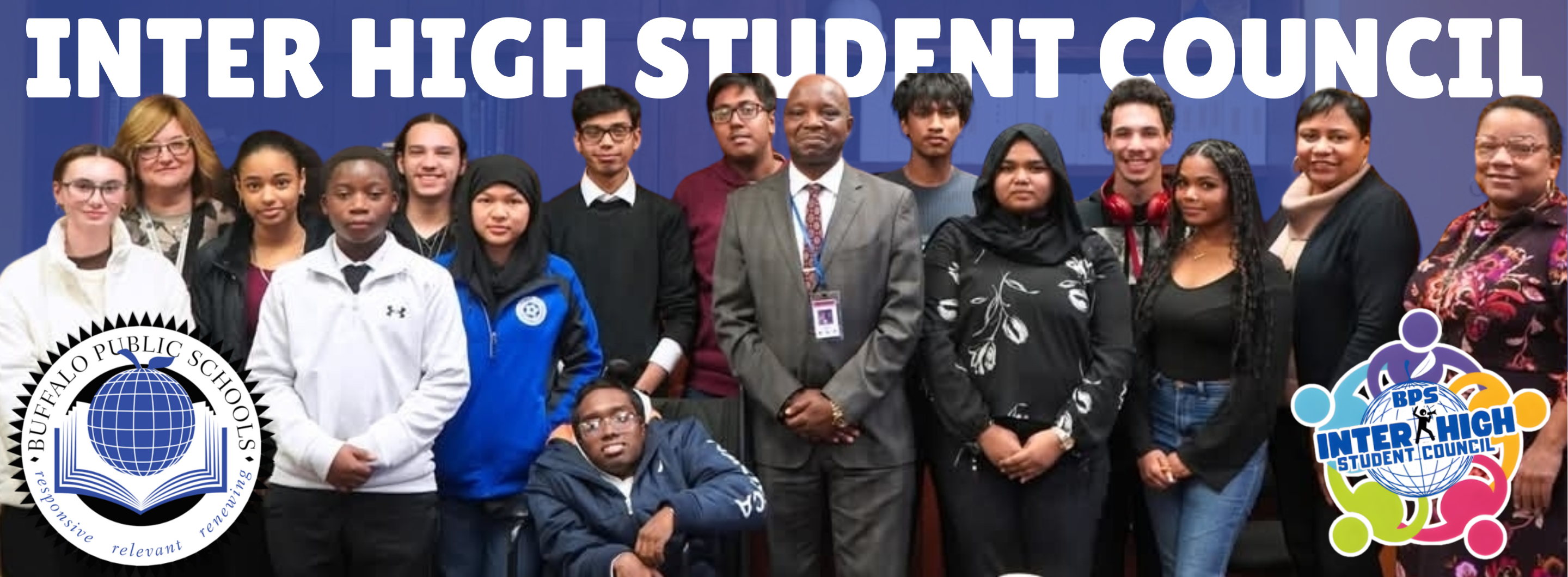 A group photo of students and adults standing together in front of a blue backdrop. The text ‘INTER HIGH STUDENT COUNCIL’ appears across the top in large white letters. The Buffalo Public Schools logo is placed in the lower left corner, and the Inter-High Student Council logo is in the lower right corner. 