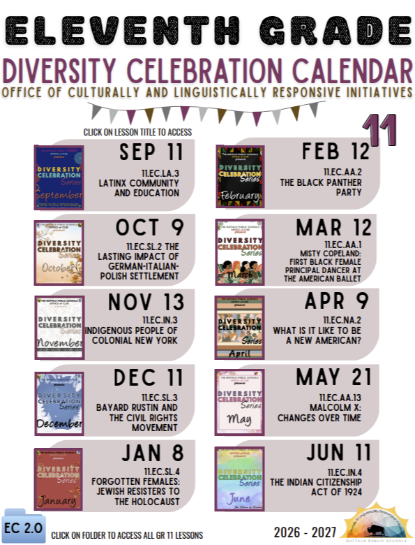 This image shows the 10 chosen Emancipation Curriculum lessons for 11th grade Diversity Celebration Series