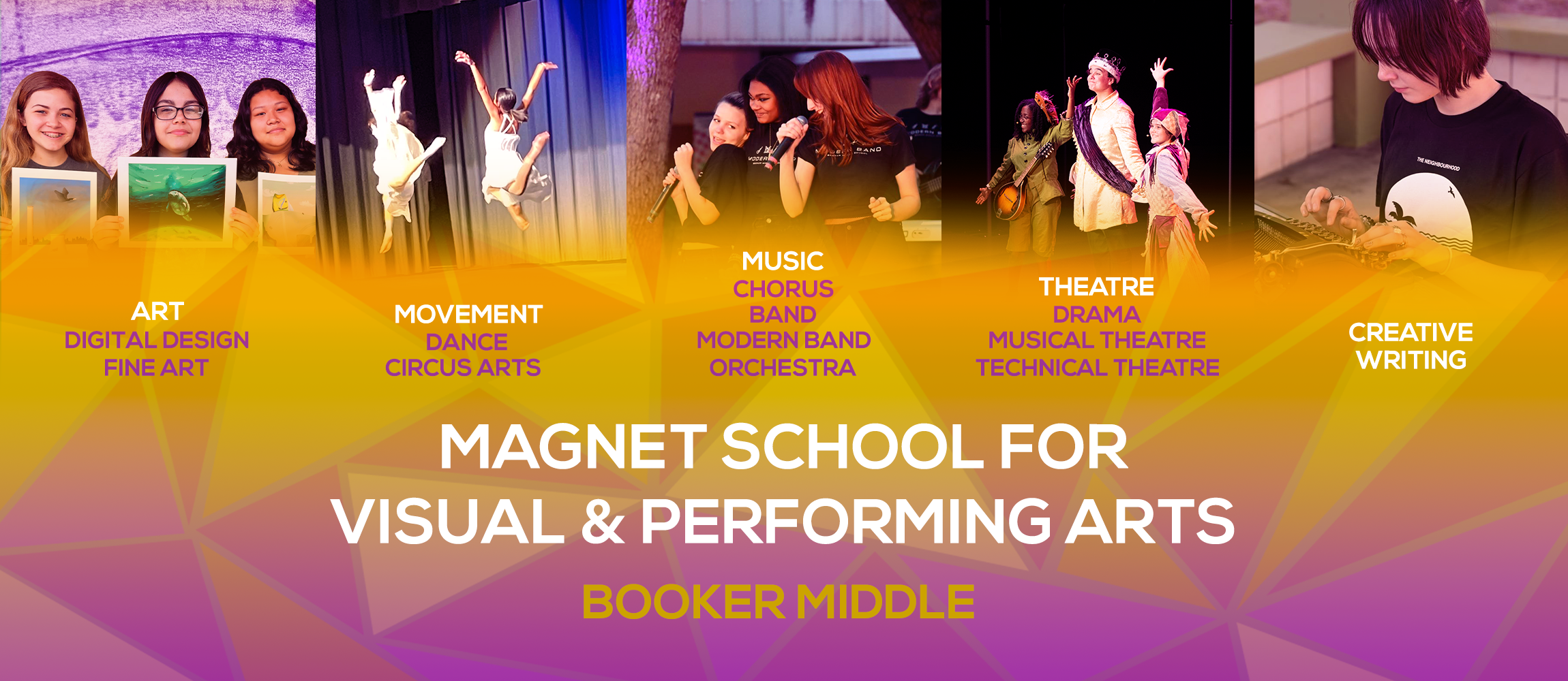 banner of performing arts programs Booker Middle offers, art, digital design fine art, movement dance circus arts, music chorus band modern band orchestra, theatre drama musical theatre technical theatre, creative writing