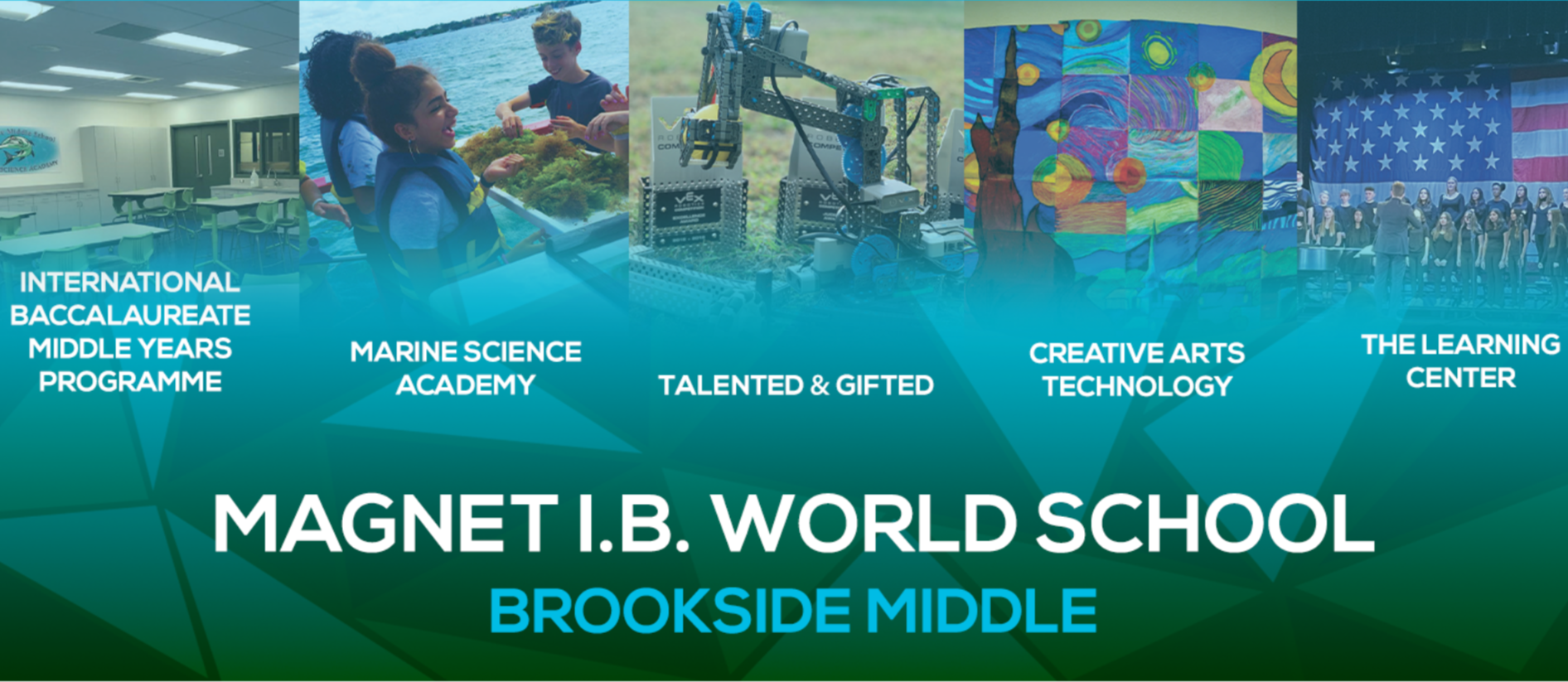 banner with images of kids and their programs they are associated with, international baccalaureate middle years programme, marine science academy, talented & gifted, creative arts technology, the learning center for Magnet I.B. World School Brookside Middle School