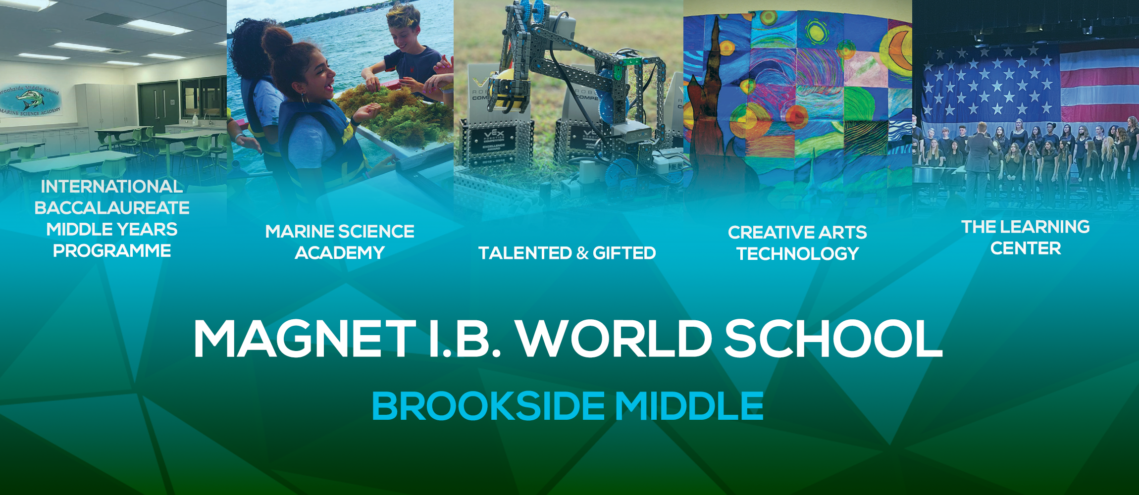 banner with images of kids and their programs they are associated with, international baccalaureate middle years programme, marine science academy, talented & gifted, creative arts technology, the learning center for Magnet I.B. World School Brookside Middle School