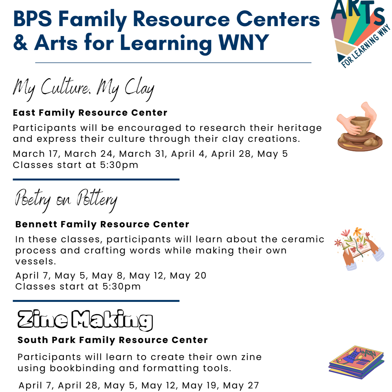 BPS Family Resource Centers & Arts for Learning WNY FOR LEARNING WNY My Culture, My Clay East Family Resource Center Participants will be encouraged to research their heritage and express their culture through their clay creations. March 17, March 24, March 31, April 4, April 28, May 5 Classes start at 5:30pm Poetry on Pottery Bennett Family Resource Center In these classes, participants will learn about the ceramic process and crafting words while making their own vessels. April 7, May 5, May 8, May 12, May 20 Classes start at 5:30pm Zine Making South Park Family Resource Center Participants will learn to create their own zine using bookbinding and formatting tools. April 7, April 28, May 5, May 12, May 19, May 27 Classes start at 5:30pm Follow us for more information @BPSFamilyResourceCenters