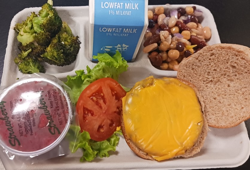 School 6 - Lunch served on 5/7/2024 4 Burger, broccoli, 4 bean salad, 2% milk and frozen fruit