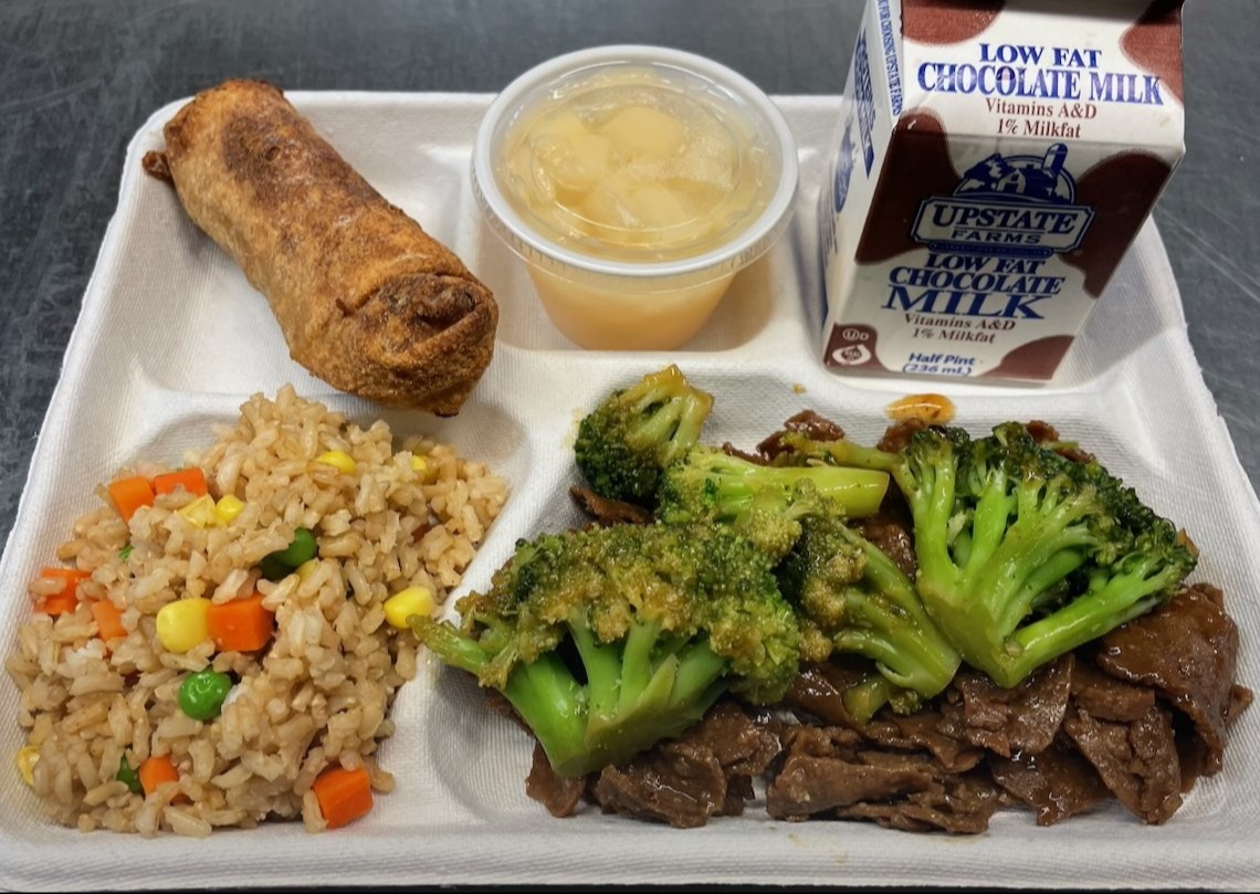 Lunch served at 304 on 9/17/2024 - Teriyaki Beef & Broccoli - vegetable fried rice, egg roll