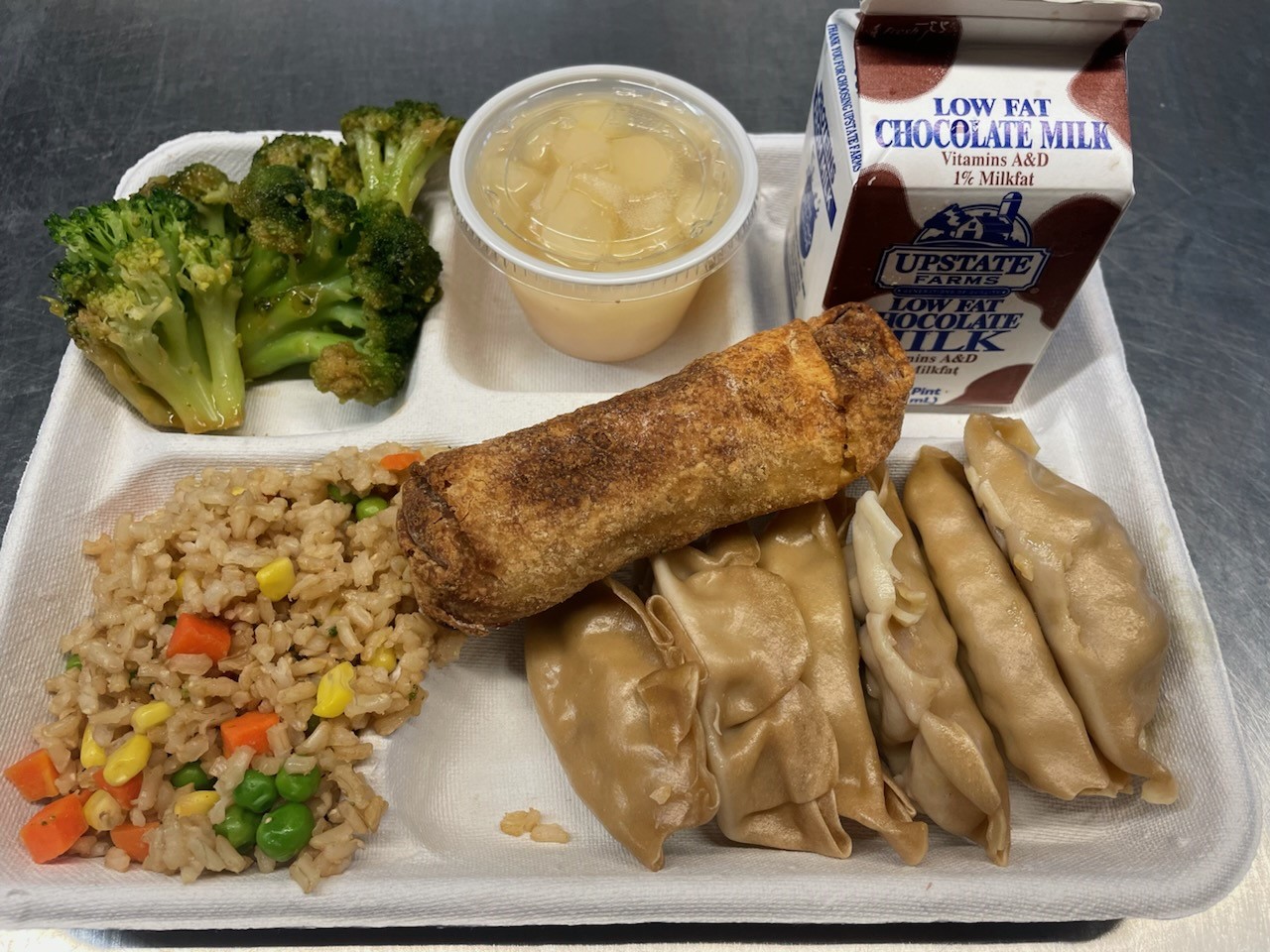 School 304 - Lunch served on 9/17/2024 -Vegetable Dumplings - vegetable fried rice, egg roll, teriyaki broccoli