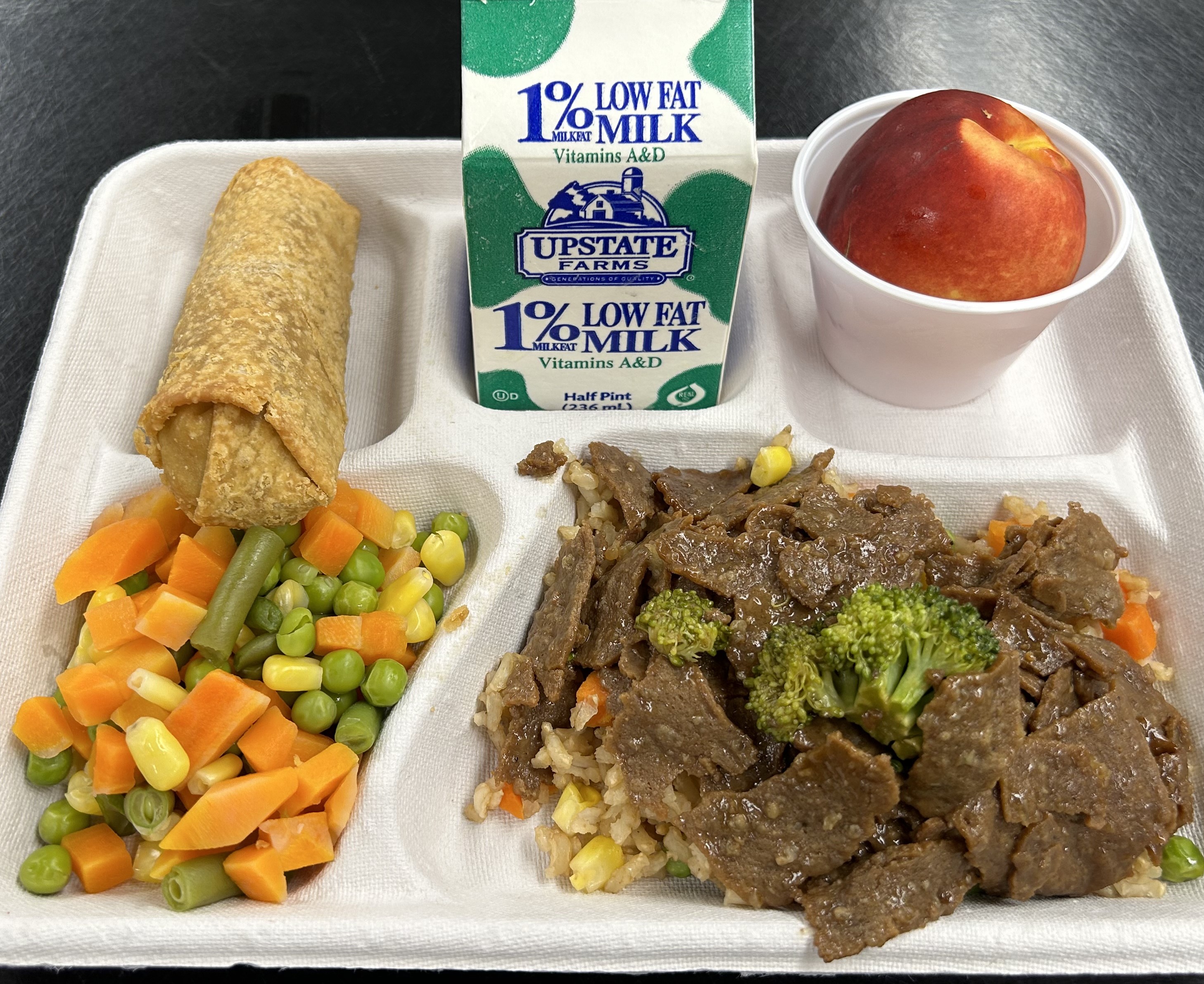 Lunch served at 95 on 9/17/2024- Teriyaki Beef & Broccoli - vegetable fried rice, egg roll