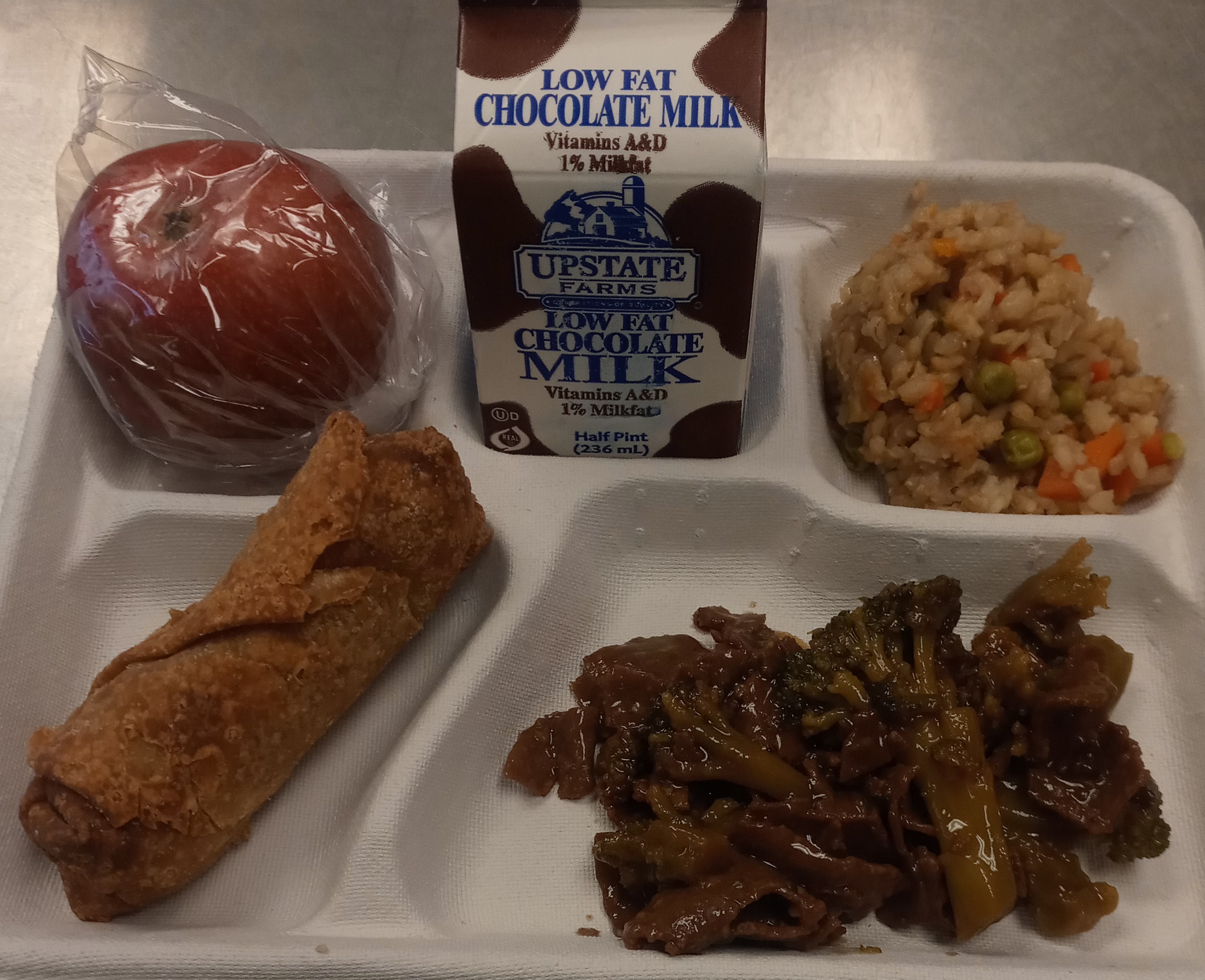 School 61 - Lunch served 10.29.2024 Beef Broccoli Teriyaki Meal (Veg. Rice, Beef Teriyaki, Veg. Egg Roll, Apple, Chocolate Milk)