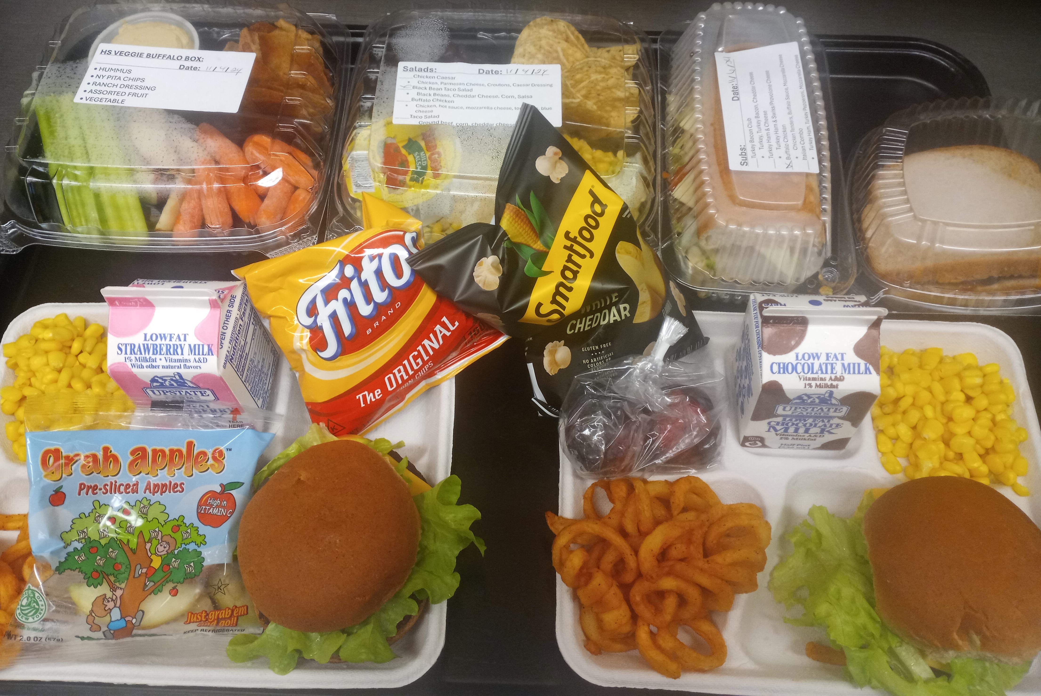 School 207 - Lunch served on 11.6.2024 Black bean burgers for Halal n vegetarian Cheese burgers, Subs, Salads & Buffalo boxes